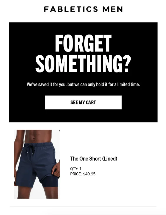 Reminder-Based Subject Line from Abandoned Cart Email of Fabletics shop.