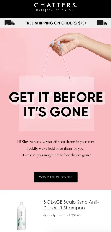 Urgency-Based Subject Line from Abandoned Cart Email of Chatter shop.