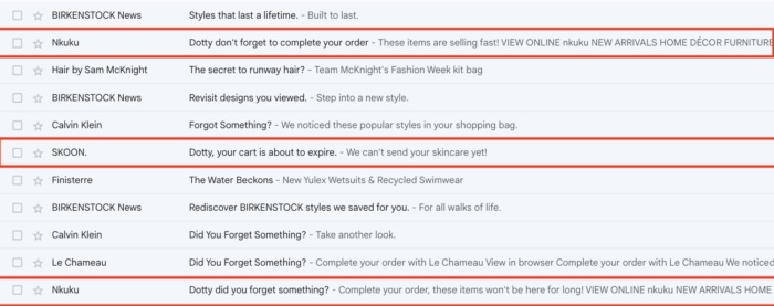 Personalized Subject Line from Abandoned Cart Email of Nikuku shop.